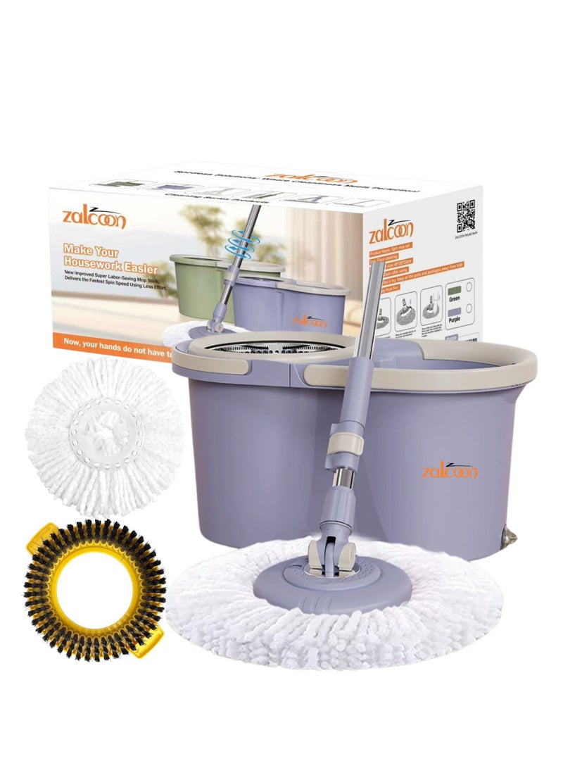 Zalcoon Spin Mop and Bucket with Wringer Set, 360° Spinning Mop and Bucket System with 2 Replacement Heads, Stainless Steel Adjustable Handle and Scrub Brush for Floor Cleaning (Grey) - Image 1